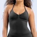 Sleek black seamless yoga halter neck tank top with high elasticity for fitness training - XS / Top And Bottom / Shark Gray
