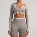 Grey seamless long sleeve yoga top with fake two-piece design and white piping for fitness - XS / Top And Bottom / Rock