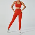 Seamless red yoga set for women with halter sports bra and high waisted leggings - S / Top And Bottom / Halter Bra + Long Pants / Red