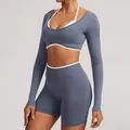 Blue seamless faux two-piece long sleeve yoga top with matching slim fitness shorts set - XS / Top And Bottom / Ice Grey