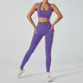 Two-piece seamless purple yoga set featuring a halter sports bra and high-waisted leggings - S / Top And Bottom / Halter Bra + Long Pants / Purple
