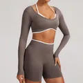 Brown seamless yoga set with long sleeve faux two-piece top and high waist shorts - XS / Top And Bottom / Mocha