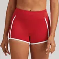 Red high-waisted yoga shorts featuring white contrast trim and functional side pockets for women - S / Bottoms / China Red