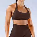 Conjunto de sujetador deportivo halter marrón oscuro y mallas de yoga de cintura alta - XS / Top Y Pantalón / Sujetador Halter + Pantalones Largos / Marrón Oscuro