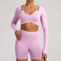 Pink seamless long-sleeve fake two-piece yoga top with matching biker shorts - XS / Top And Bottom / Orchid Pink