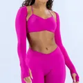 Detailed view of hot pink seamless yoga set with shrug, sports bra and leggings. - Hibiscus Red