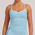 Débardeur de yoga bleu clair pour femme avec bordure blanche et tissu de sport stretch - S / Hauts / Bleu d'Eau