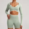 Mint green seamless long sleeve yoga top with fake two-piece design for women's fitness - XS / Top And Bottom / Pistachio Green