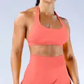 Conjunto de yoga naranja sin costuras con sujetador halter y leggings de cintura alta - XS / Top Y Pantalón / Sujetador Halter + Pantalones Largos / Rosa Coral