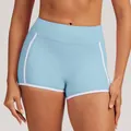 High-waist light blue yoga shorts with white contrast piping for athletic workouts - S / Bottoms / Water Blue