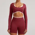 Women's red seamless long sleeve yoga set with fake two-piece crop top and gym shorts - XS / Top And Bottom / Cherry Red