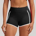 Women's high-waist black yoga shorts with white contrast trim and side pockets for fitness - S / Bottoms / Premium Black