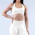 Conjunto de yoga blanco sin costuras con sujetador deportivo halter y mallas de fitness - XS / Top Y Pantalón / Sujetador Halter + Pantalones Largos / Blanco