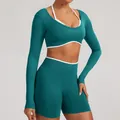 Seamless teal long sleeve yoga top and high waist shorts set with white trim detail - XS / Top And Bottom / Turquoise Green
