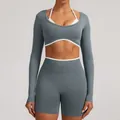 Seamless fake two-piece long sleeve yoga crop top in slate blue with white trim - XS / Top And Bottom / Graphite Grey