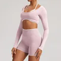 Seamless fake two-piece long sleeve yoga top and high waist shorts in soft pink - XS / Top And Bottom / Pink