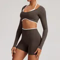 Seamless long-sleeve yoga set in dark brown featuring high-waisted shorts and crop top - XS / Top And Bottom / Coffee