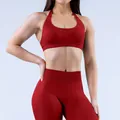 Conjunto de yoga de nailon mate elástico con sujetador deportivo halter y mallas rojo oscuro - XS / Top Y Pantalón / Sujetador Halter + Pantalones Largos / Burdeos