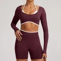 Deep burgundy seamless long-sleeved yoga set with a fake two-piece halter neck top - XS / Top And Bottom / Chestnut