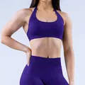 Conjunto de yoga sin costuras color púrpura con sujetador halter y leggings de talle alto - XS / Top Y Pantalón / Sujetador Halter + Pantalones Largos / Azul Índigo