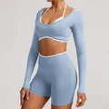 Light blue seamless long-sleeve yoga crop top and matching high-waist shorts fitness set - XS / Top And Bottom / Baby Blue