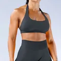 Conjunto de yoga sin costuras de nailon mate con sujetador halter y leggings gris oscuro - XS / Top Y Pantalón / Sujetador Halter + Pantalones Largos / Gris Tiburón