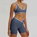 Two-piece color-block yoga set with cross high-waist shorts in slate blue finish - S / Top And Bottom / Blue Gray