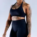 Conjunto de yoga profesional negro de nailon mate elástico con sujetador deportivo halter - XS / Top Y Pantalón / Sujetador Halter + Pantalones Largos / Negro