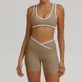 Women's khaki high waist yoga set with contrast white piping and crossover shorts - S / Top And Bottom / Cocoa Brown