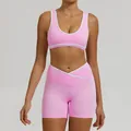 Women's pink contrast crossover high waist yoga set for fitness and running workout - S / Top And Bottom / Sakura Pink