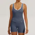 Zweiteiliges Yoga-Set für Damen in Blau mit Kontrastpaspeln und High-Waist-Shorts - S / Oberteil Und Unterteil / Blaugrau