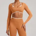 Top da yoga a maniche lunghe senza cuciture, finto due pezzi arancione per sport - Arancione Zucca