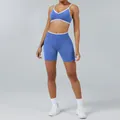 Blue color-blocked sports yoga set with contrast white trim sports bra and shorts - XS / Top And Bottom / Provence Blue (Camisole Bra + Shorts)