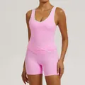 Hochwertiges rosa Yoga-Set mit hoher Taille, weißem Kontrastbesatz und schmaler Passform - S / Oberteil Und Unterteil / Kirschblütenrosa