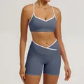 Zweiteiliges Yoga-Set für Damen mit hohem Cross-Bund in Graublau mit weißem Kontrast - S / Oberteil Und Unterteil / Blaugrau