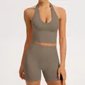 Seamless yoga set in taupe, featuring a ribbed halter top and high-waisted gym shorts - S / Top And Bottom / Khaki