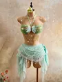 Detailed view of handmade green acrylic beaded halter top and lace skirt body chain set. - One Size / Tops / Green