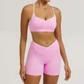 Rosa Yoga-Set für Damen mit Crossover-Taille, weißem Besatz, Sport-BH und engen Shorts - S / Oberteil Und Unterteil / Kirschblütenrosa