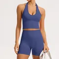 Ensemble de yoga bleu sans couture avec brassière de sport licou et short taille haute - S / Haut Et Bas / Violet Marbré