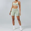 Two-piece light green color-block yoga set with sports bra and high-waist shorts - XS / Top And Bottom / Pistachio Green (Camisole Bra + Shorts)
