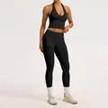 Ensemble de yoga noir sans couture pour femmes avec haut dos nu et legging côtelé - S / Haut Et Bas / Noir