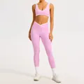 Rosa Yoga-Set für Damen mit Cross-Taille-Leggings und kontrastierendem Sport-BH - S / Oberteil Und Unterteil / Kirschblütenrosa