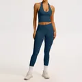 Ensemble de yoga côtelé sans couture pour femme bleu marine avec haut licou et legging - S / Haut Et Bas / Bleu