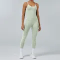 Two-piece sage green yoga set with white contrast trim and tight high-waisted leggings - XS / Top And Bottom / Pistachio Green Tank Top + Leggings Set