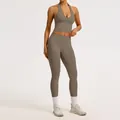Ensemble de yoga sans couture taupe pour femme avec brassière de sport et legging taille haute - S / Haut Et Bas / Kaki