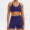 Professional seamless dark purple two-piece yoga set including sports bra and high waist shorts - XS / Top And Bottom / Bra + Shorts / Navy Blue