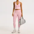 Ensemble de yoga rose sans couture avec haut dos nu et legging taille haute côtelé - S / Haut Et Bas / Rose Pêche