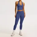 Ensemble de yoga bleu côtelé sans couture avec brassière dos nu et legging taille haute - S / Haut Et Bas / Violet Marbré