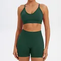 Professional dark green seamless yoga set including sports bra and high-waist shorts - XS / Top And Bottom / Bra + Shorts / Forest Green