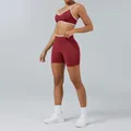 Maroon two-piece yoga set with white contrast trim featuring sports bra and shorts - XS / Top And Bottom / Camisole Bra Cherry Red + Shorts Cherry Red